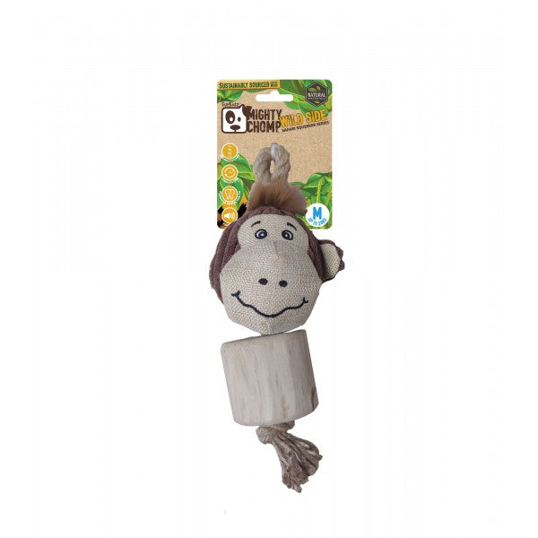 MIGHTY CHOMP SAFARI COFFEE WOOD MONKEY WITH ROPE 25CM