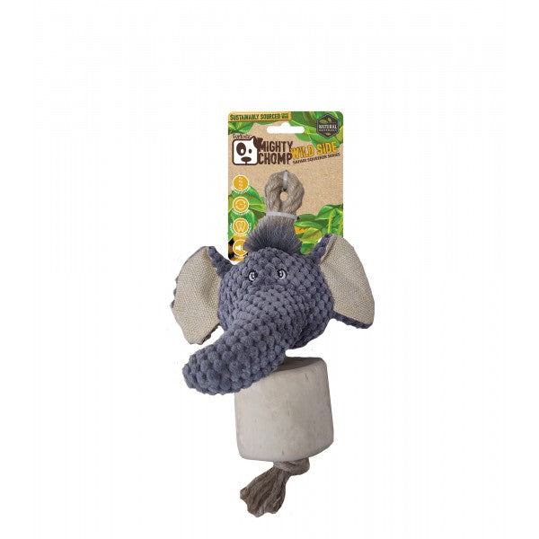 MIGHTY CHOMP SAFARI COFFEE WOOD ELEPHANT WITH ROPE 25CM
